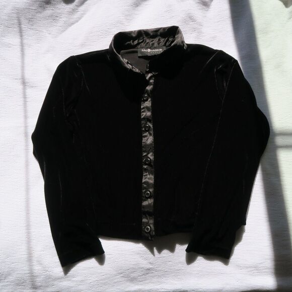 Vtg SAG HARBOR Black Velour Button Down Size LP Boxy Satin Trim Long Sleeve 90s - Picture 5 of 8
